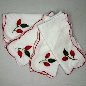 Vintage Napkins Embroidered Cloth White Red Rose Floral 4 Retro Holiday 50s Goth